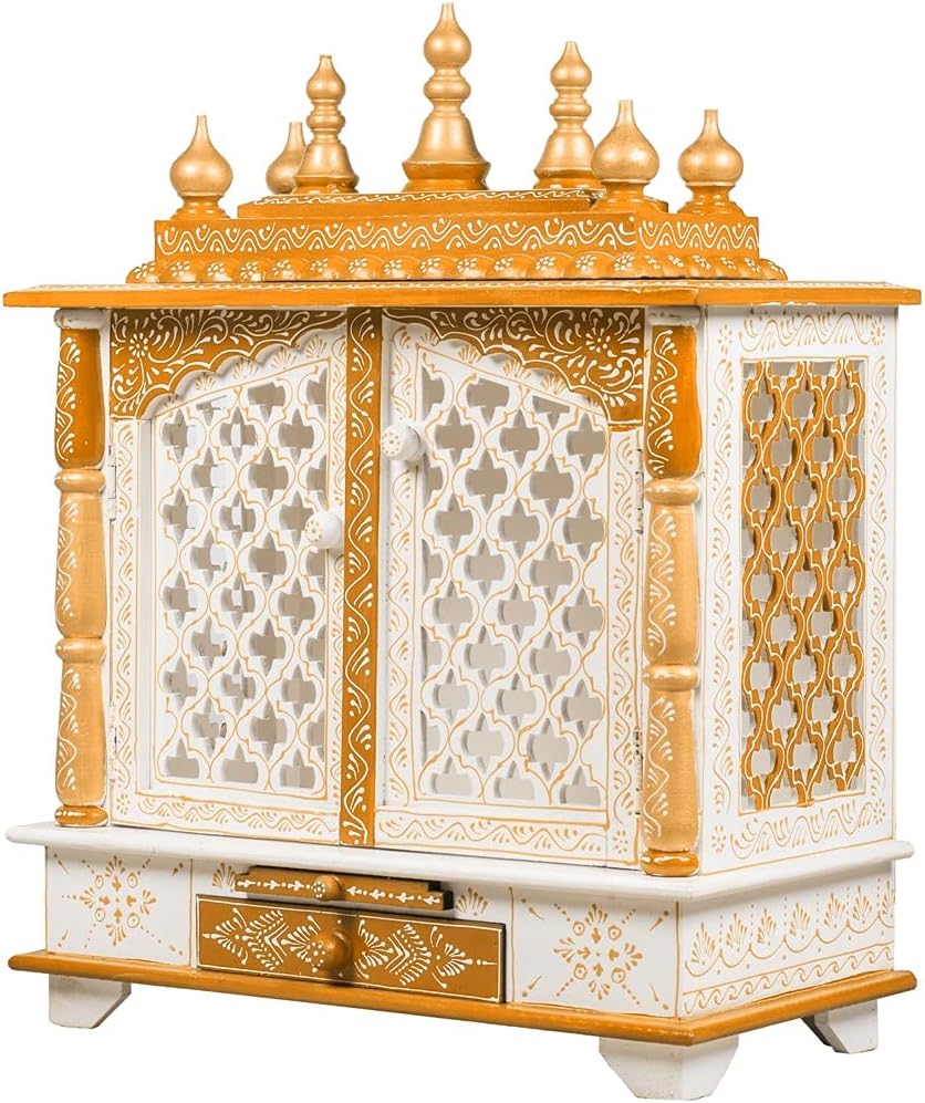 Kamdhenu art and craft Holztempel Home Temple Pooja Mandir Pooja Mandap Tempel (Weiss &amp; Orange) Orj,
