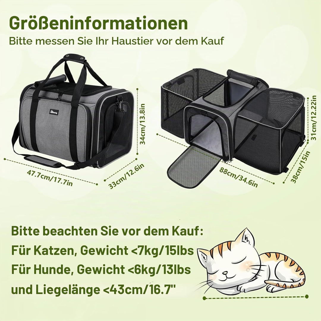 Pecute Katzentransportbox Transportbox Katze Gross, 48x33x34cm Erweiterbar Katzenbox für 2 Katzen Hu