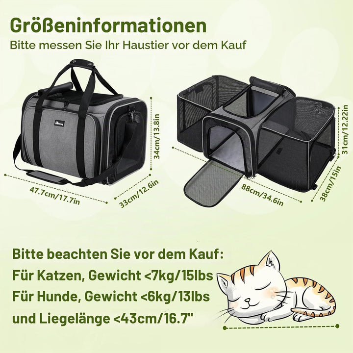 Pecute Katzentransportbox Transportbox Katze Gross, 48x33x34cm Erweiterbar Katzenbox für 2 Katzen Hu