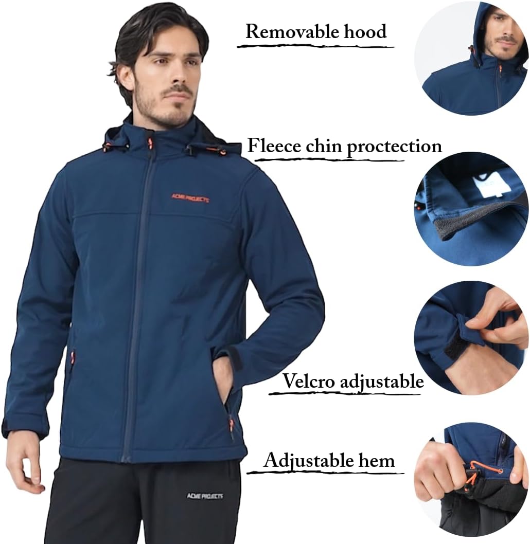 Acme Projects Mit Fleece gefütterte Softshell-Jacke für Herren mit Abnehmbarer Kapuze, wasserdicht,
