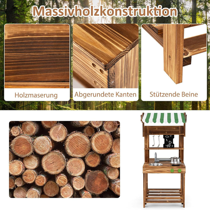 COSTWAY Matschküche Kinder Outdoor, Doppelseitige Kinderküche mit Dach, Schultafel, Spüle & Wasserha
