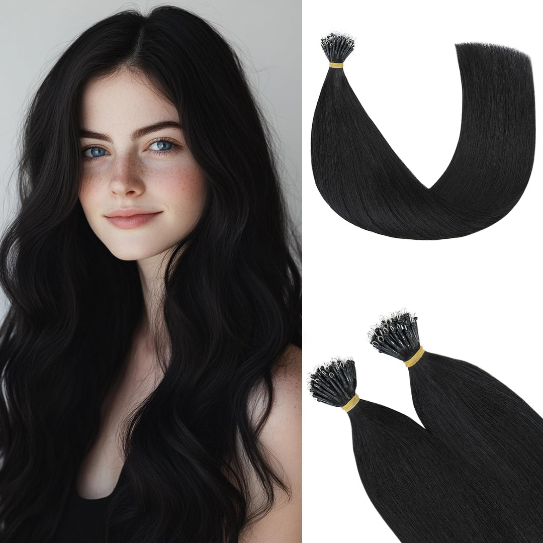 Rich Choices Nanoring Extensions Echthaar Nano Extensions 40cm #1 Lackschwarz Unsichtbare Haarverlän