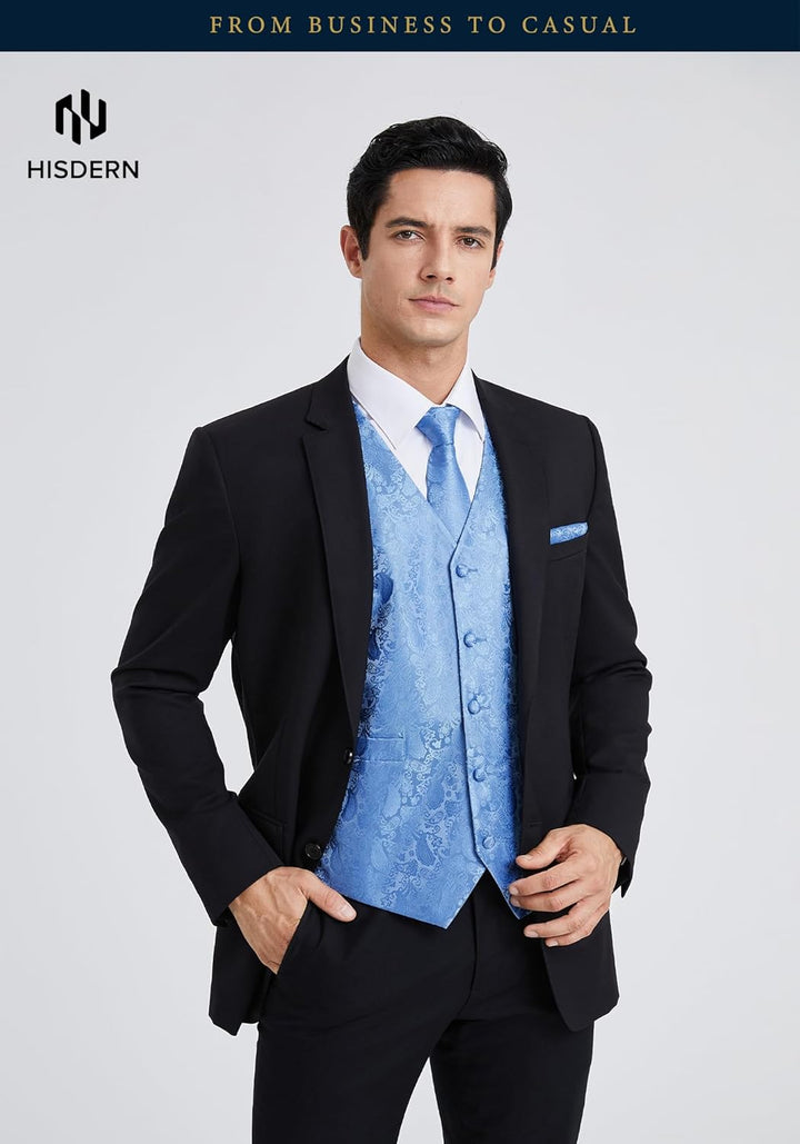 HISDERN Herren FLoral Hochzeit Weste Krawatte Einstecktuch Taschentuch Jacquard Weste Anzug Set S He