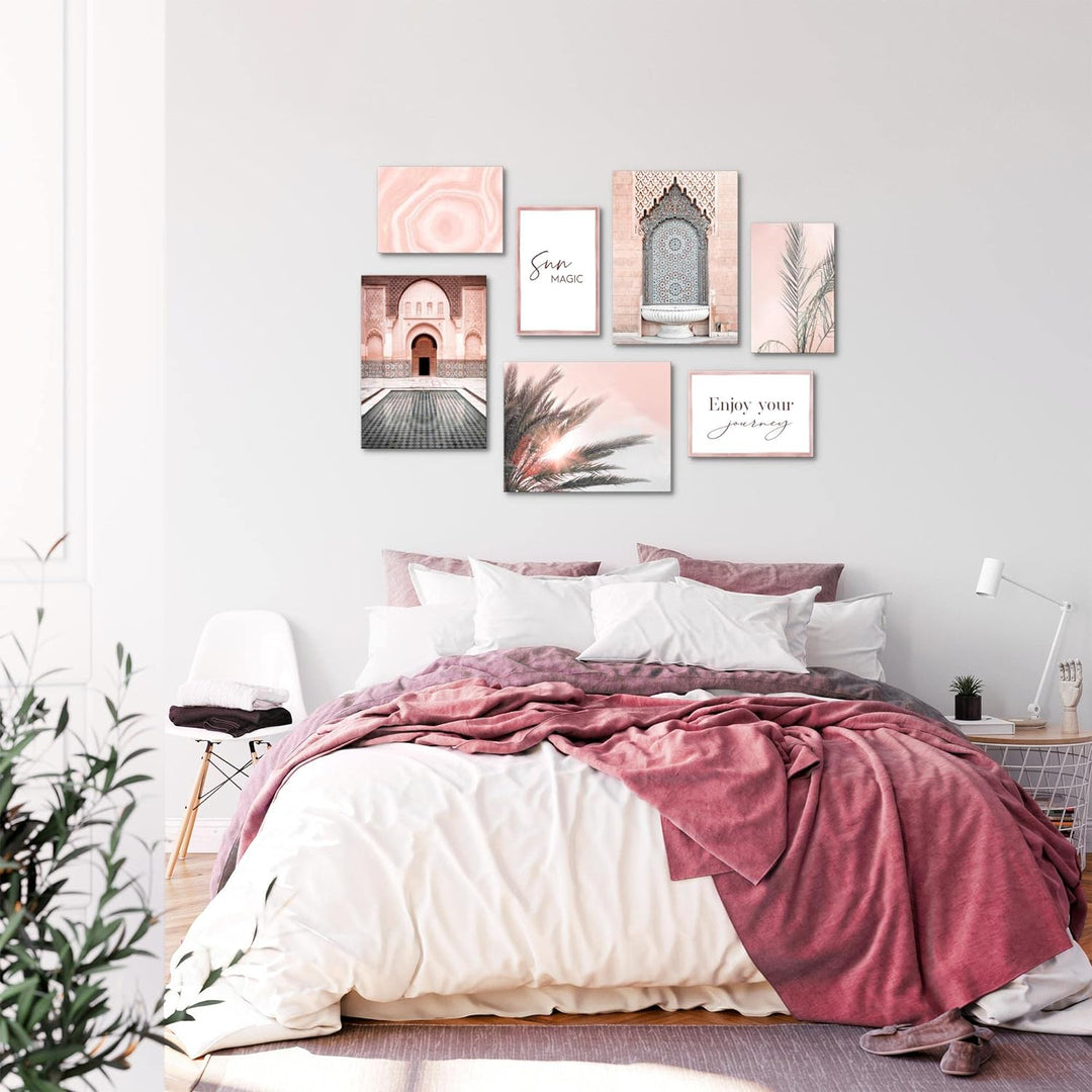 Novart Wandbilder Oriental Marokko Palme - KOMPLETT AUFHÄNGFERTIG - Rosa Beige Wohnzimmer Schlafzimm