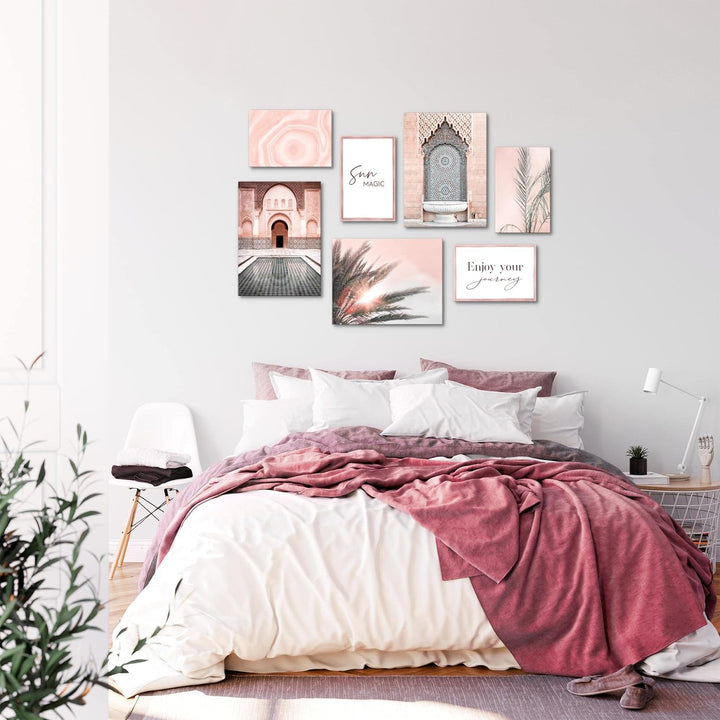 Novart Wandbilder Oriental Marokko Palme - KOMPLETT AUFHÄNGFERTIG - Rosa Beige Wohnzimmer Schlafzimm