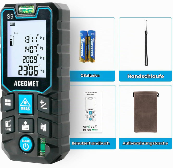 ACEGMET Laser-Entfernungsmesser Smartphone-App,Reichweite, 2 Wasserwaagen, Bluetooth,LCD-Display mit