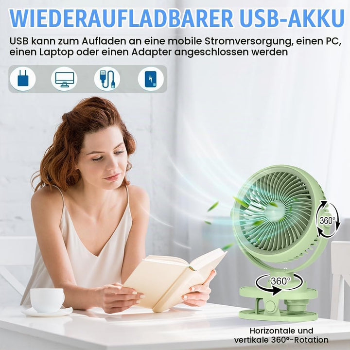 Camping Ventilator mit LED Nachtlicht , Wiederaufladbarer USB-C Klein Clip Ventilator mit Akku, 5 Ge