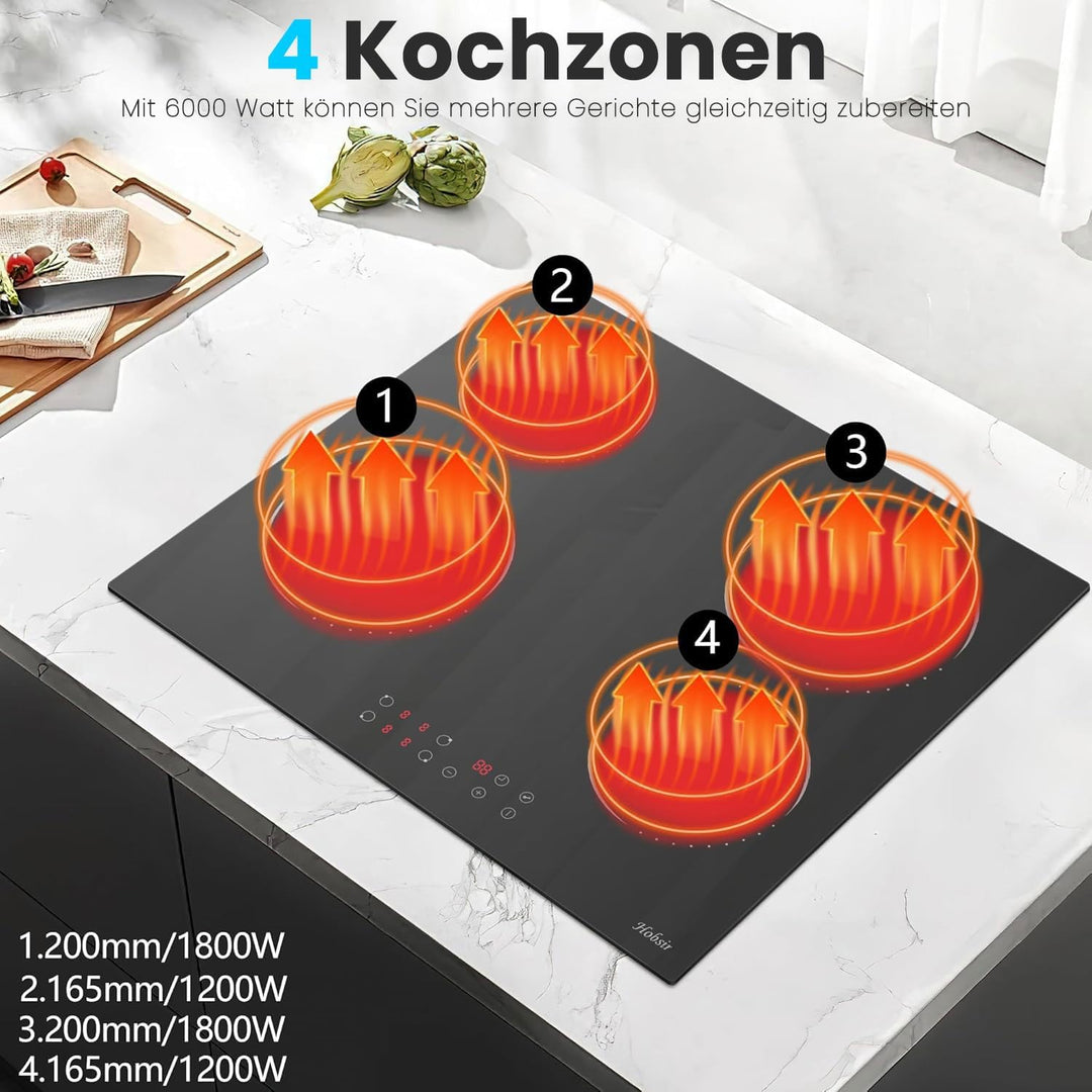Glaskeramikkochfeld 4 Zonen Kochfelder Sensor-touch Control Kochfeld Autark 60cm, 6000W, 9 Leistungs