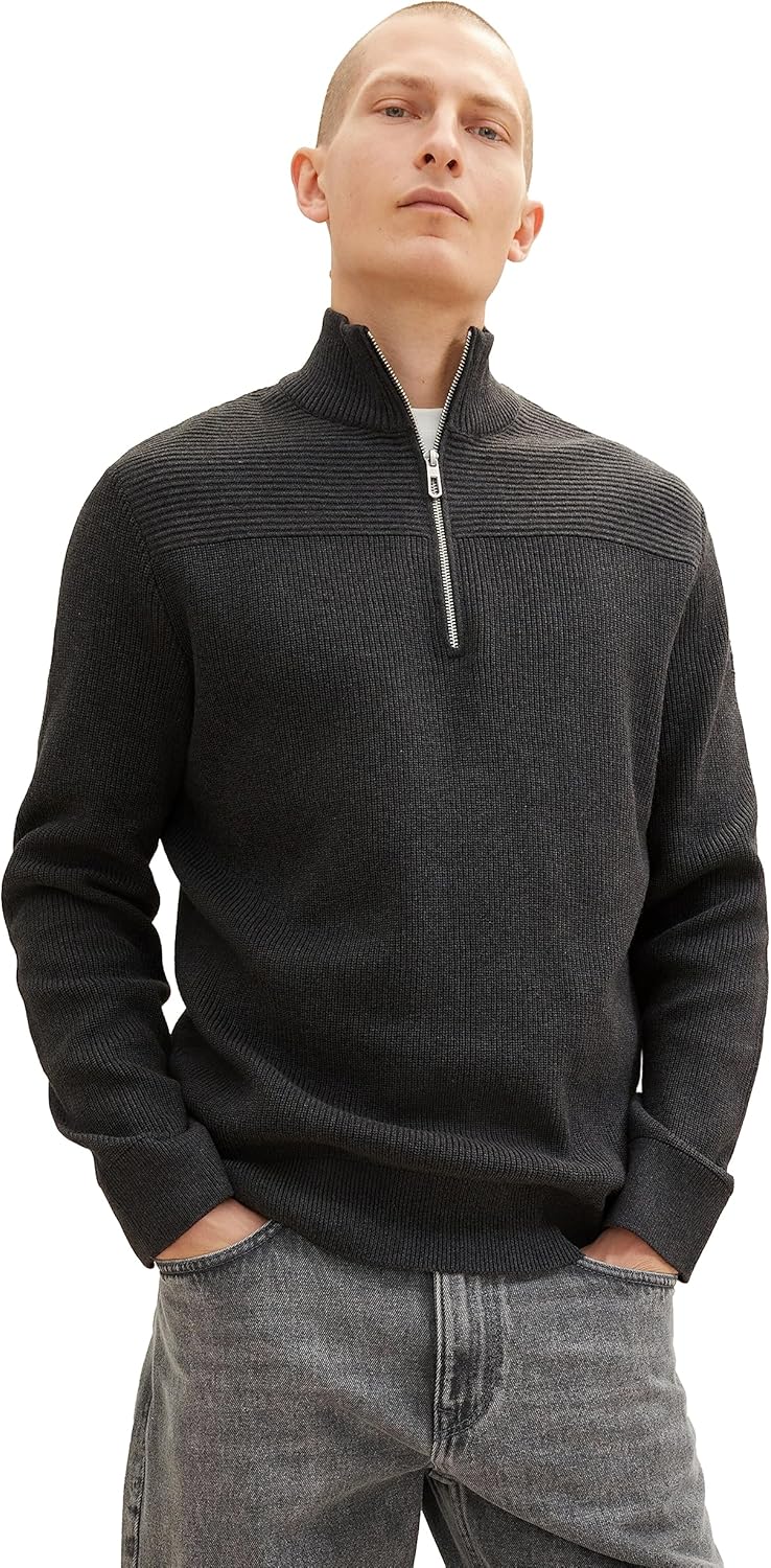 TOM TAILOR Herren Strukturierter Strick-Pullover mit Troyer-Kragen L 10617-black Grey Melange, L 106