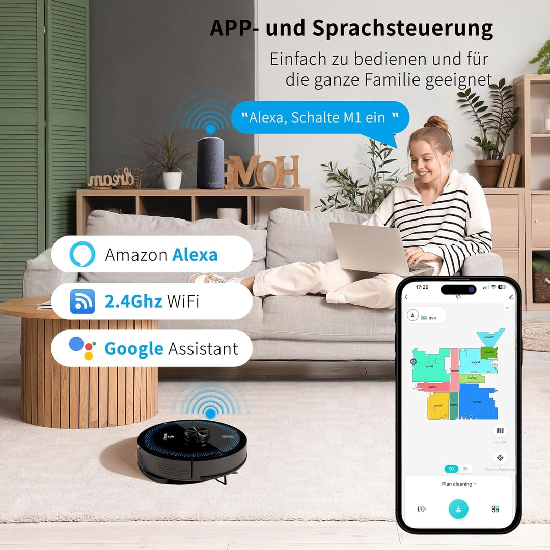 V1 Saugroboter mit Wischfunktion 4000Pa, Staubsauger Roboter 3 in 1 mit LiDAR Navigation, 120Min Lau