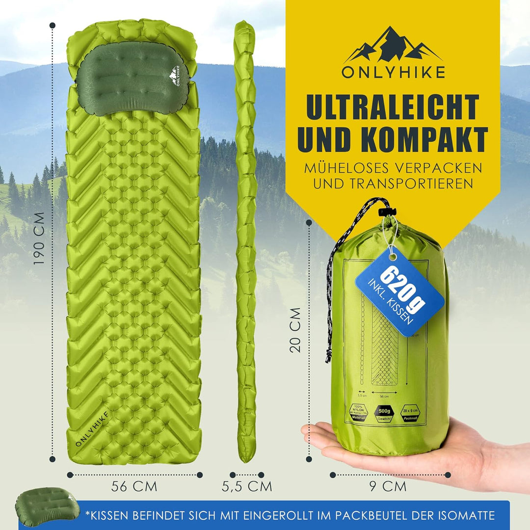 ONLYHIKE® Isomatte Ultraleicht [gratis Camping Kissen] I Outdoor Camping Matratze I rutschfeste Matt