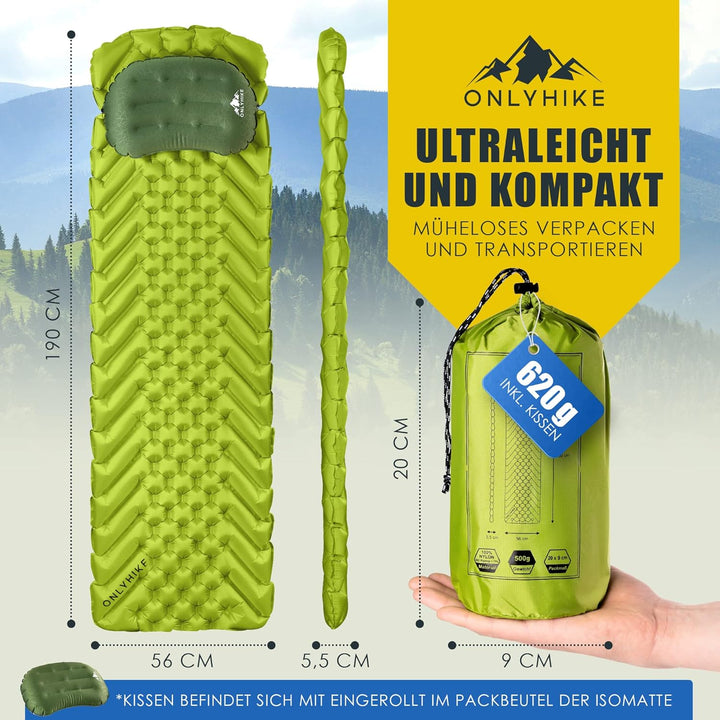 ONLYHIKE® Isomatte Ultraleicht [gratis Camping Kissen] I Outdoor Camping Matratze I rutschfeste Matt