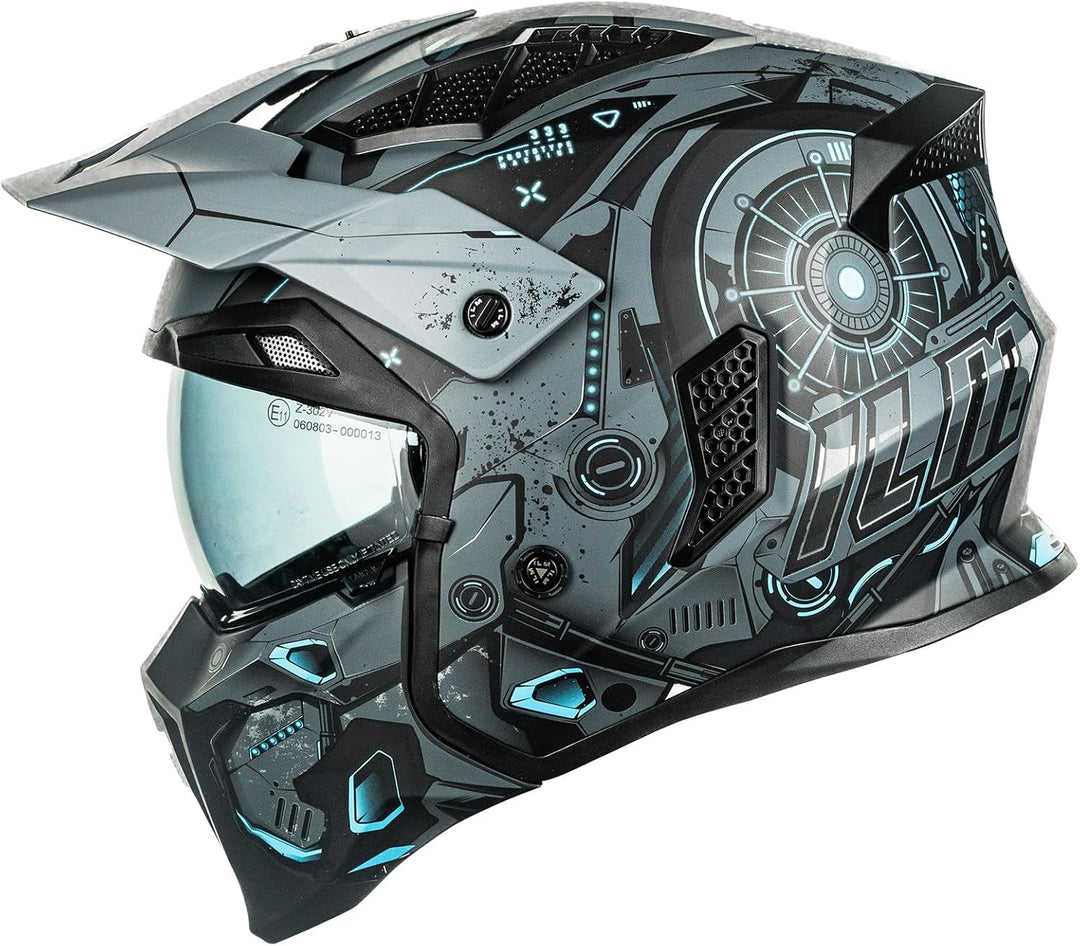 ILM Helm Motorrad Motocross Herren Damen Vintage Retro mit Visier ECE Model Z302,SciFiBlau,S S SciFi