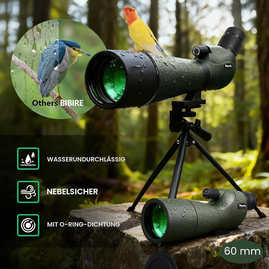 BIBIRE Spektiv mit Stativ und Smartphone-Adapter, 25-75x60 HD-Spektiv mit Tragetasche für Zielschies