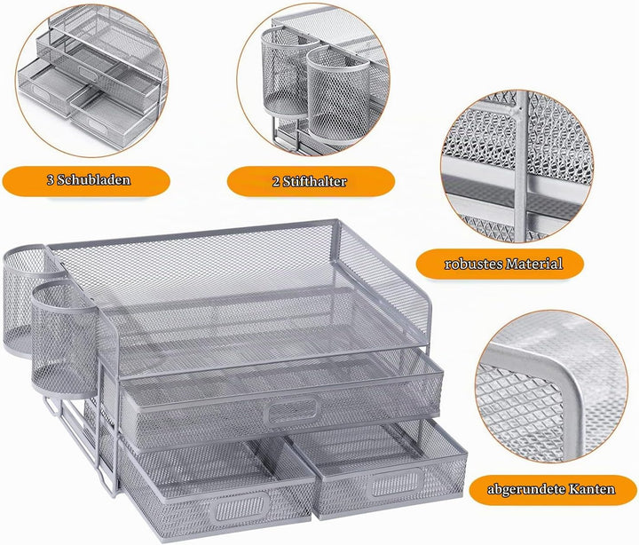 3-Trays Desktop Organizer mit Schublade, Mesh Büro Schreibtisch liefert Organizer Dokumenten Buchsta