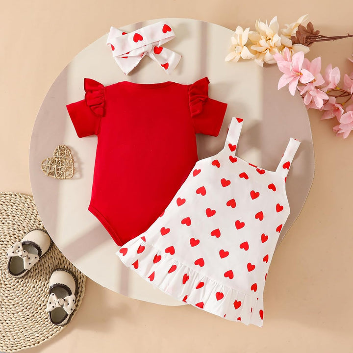 Baby Outfits für Mädchen mit Herz Print kurzärmelig Strampler Hosenträgerrock Bären Kleid Schleife S
