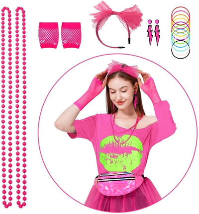 80er Jahre Outfit Damen Set, T-Shirt, Tutu, Gürteltasche, Stirnband, Ohrring, Halskette, Netzhandsch