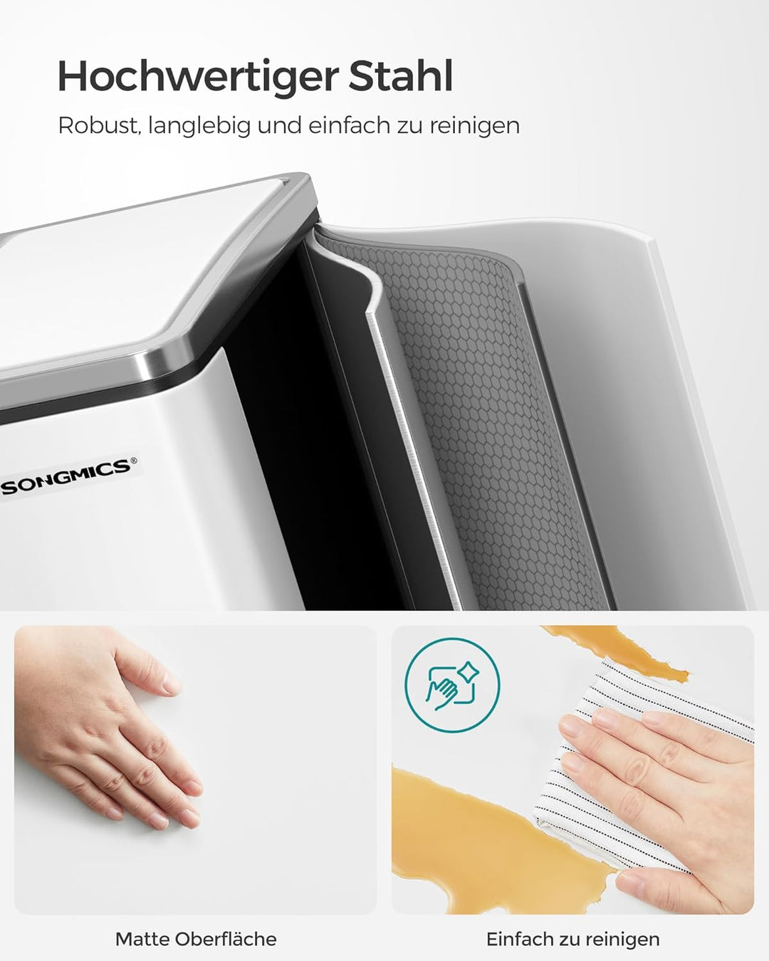 SONGMICS Mülleimer Küche, 2 x 15 Liter, Mülltrennsystem 2 Fächer, Abfalleimer, Treteimer, für gelben