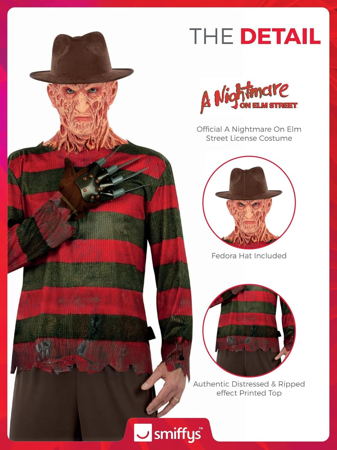 Smiffys Ein Nightmare On Elm Street Freddy Krueger Kostüm – inklusive bedrucktem Oberteil, Handschuh