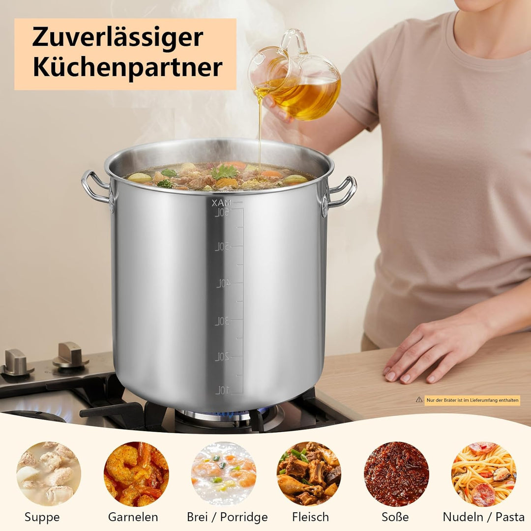 Edelstahl Suppentopf 70L, Kochtopf induktion Gross mit Griffen, Ø 45cm, Hohe: 45cm, Sinkendeckel, Po