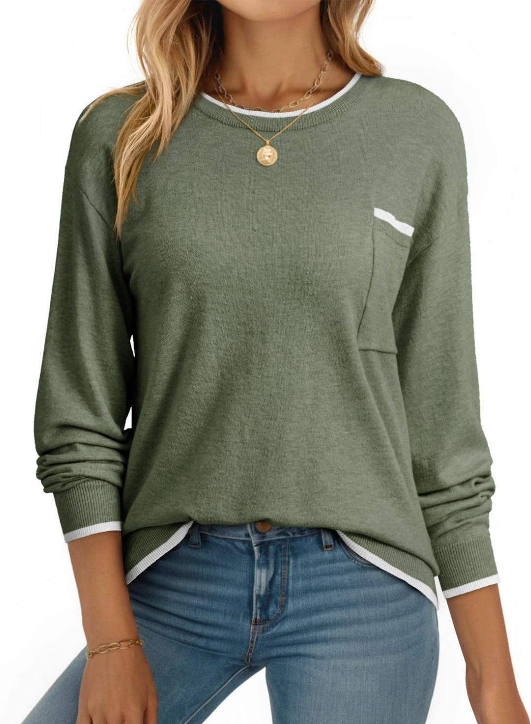 Dokotoo Pullover Damen Herbst Winter Strickpullover Rundhals Oberteil mit Brusttasche Langarm Warm P