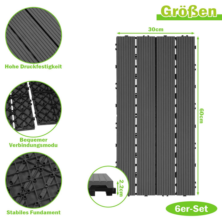 Ansobea WPC Terrassenfliesen Fliesen, 30x60 Holzfliesen 6er Set für 1m²,Balkonfliesen in Holzoptik,B