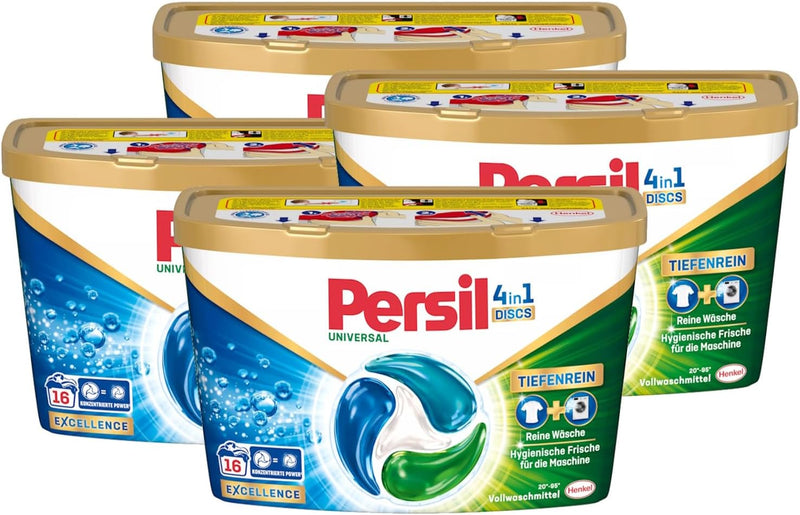 Persil Tiefenrein 4in1 DISCS 64 WL (4 x 16 Waschladungen), Universal Waschmittel mit Tiefenrein Tech