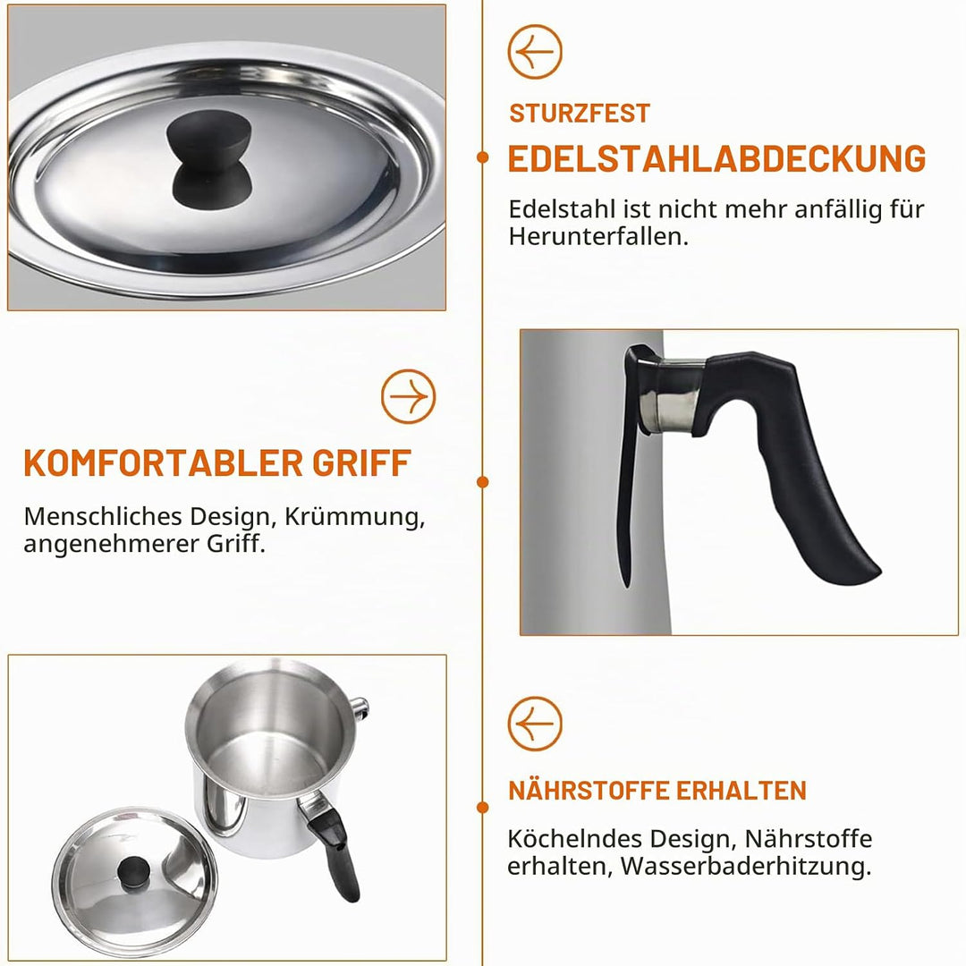 Doppelwandiger Milchtopf Induktion 1,5L, Edelstahl Wasserbad Topf mit Deckel und Pfeifton, Simmertop