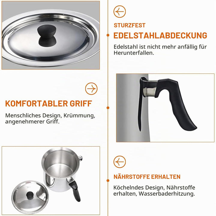 Doppelwandiger Milchtopf Induktion 1,5L, Edelstahl Wasserbad Topf mit Deckel und Pfeifton, Simmertop