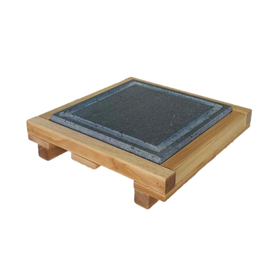 Mottinox Sizilianischer Lavastein mit Abfluss, quadratisch, 30 x 30 cm, mit Halterung aus Buchenholz