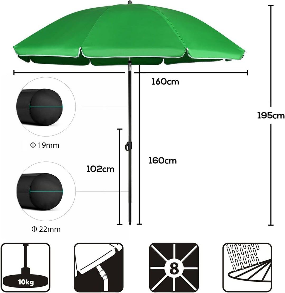 Sekey Sonnenschirm 160 cm mit Schutzhülle, Sonnenschirm Strand mit Neigungswinkel und Höhe verstellb