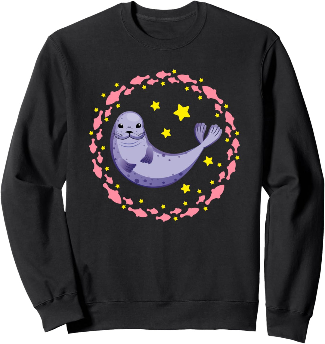 Fröhliche lachende Robbe kleine Fische und Sterne Sweatshirt