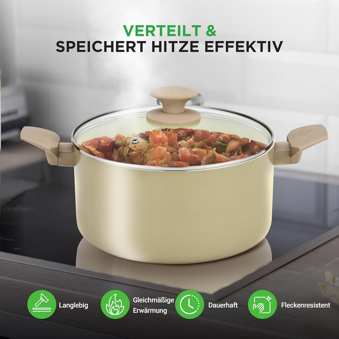 NutriChef Kochgeschirr Set 54-tlg – Pfannen, Töpfe, Küchenhelfer Taupebraun– Mit Messer, Backformen,