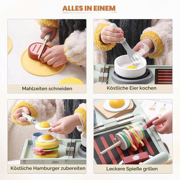 Grillset Kinderküche Spielküche Zubehör Holz, Faltbare Küchenspielzeug ab 3 Jahre, Lebensmittel Spie