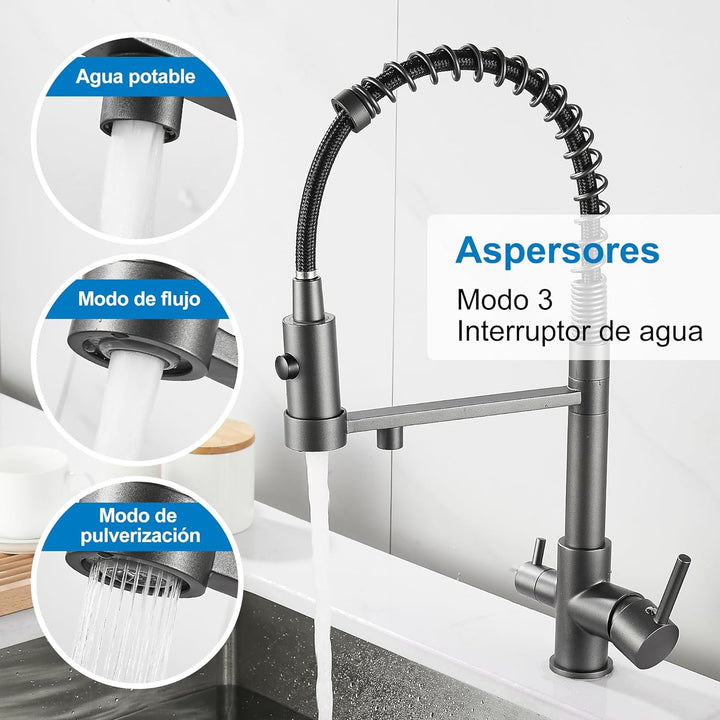 3 Wege Wasserhahn Küche, Ausziehbar Küchenarmatur, Spültischarmatur aus Messing, 3 in 1 Mischbatteri