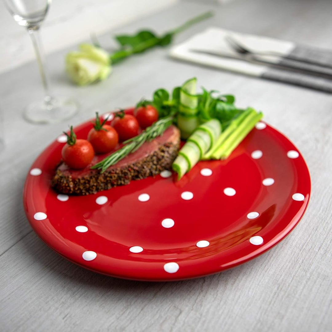City to Cottage® - Keramik Teller 25.5 cm | Rot und Weiss | Polka Dots | Handgemacht | Grosser Speis