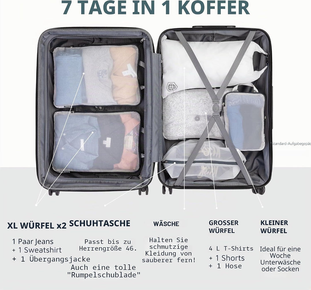 Grosses Packwürfel-Set mit durchsichtigem Netz, Kompressions-Verpackungswürfel, Reise-Organizer (wei