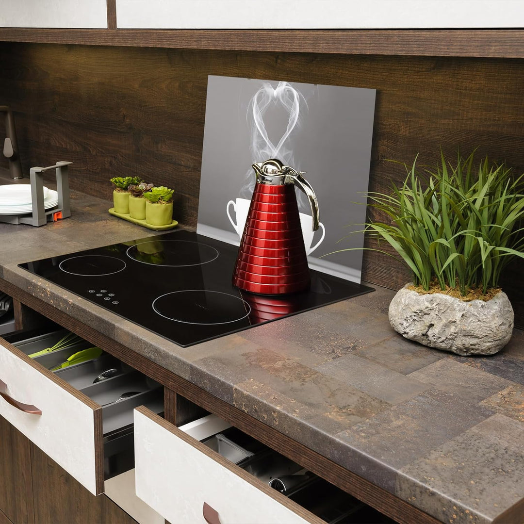 SmartDecoration Herdabdeckplatte Ceranfeldabdeckung aus Glas 80x52 cm Einteilig Motiv "Kaffee" Grau