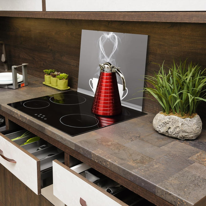 SmartDecoration Herdabdeckplatte Ceranfeldabdeckung aus Glas 80x52 cm Einteilig Motiv "Kaffee" Grau