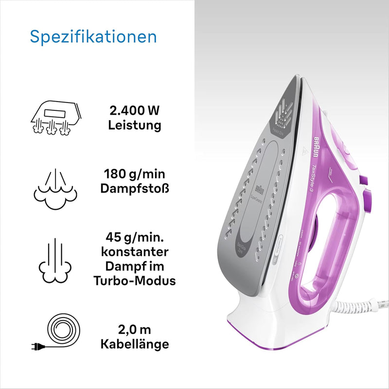 Braun TexStyle 3 SI 3030 PU Dampfbügeleisen - Bügeleisen mit FreeGlide 3D Bügelsohle, Selbstreinigun