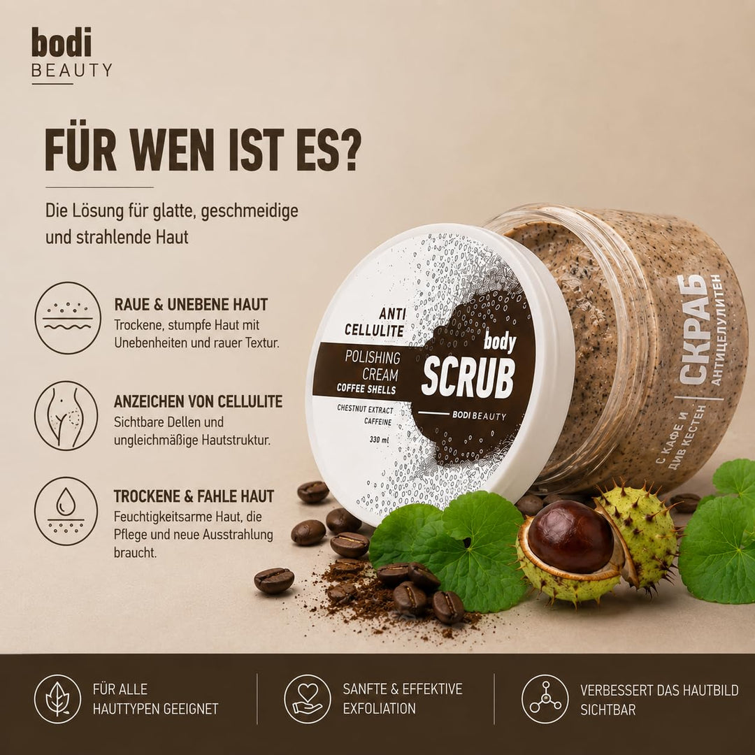 Anti-Cellulite Kaffee-Peeling &amp; Body Scrub 330 ml – Koffein, Kaffeepartikel, Shea &amp; Traubenkernöl, V