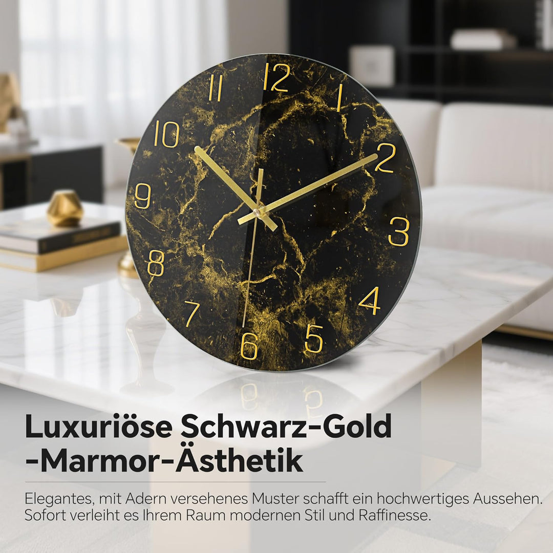 VIKMARI Schwarze moderne Marmor-Textur-Uhr, goldene Zeiger, rustikale Küchendekoration, 30.5 cm, Wan