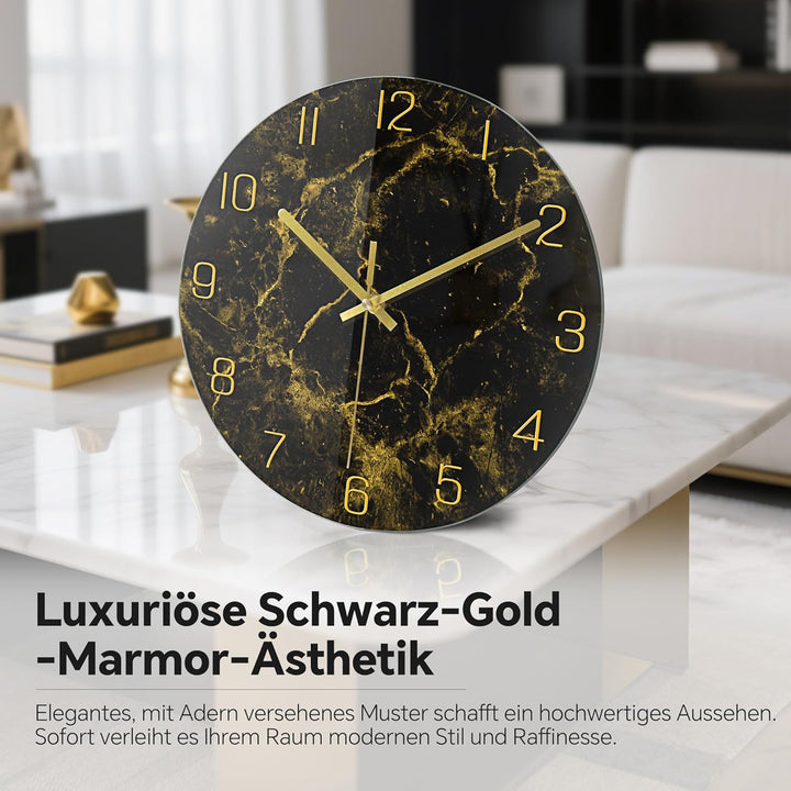 VIKMARI Schwarze moderne Marmor-Textur-Uhr, goldene Zeiger, rustikale Küchendekoration, 30.5 cm, Wan