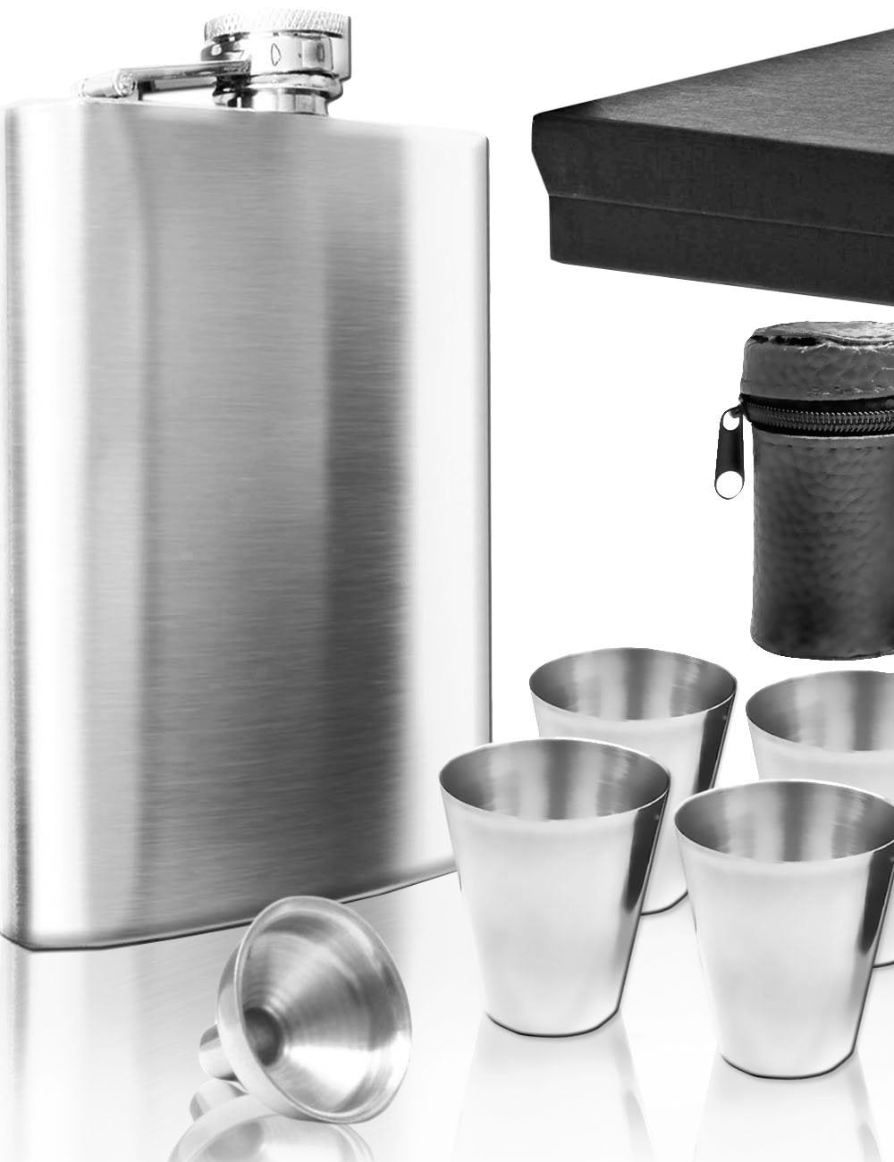 Edelstahl Flachmann Geschenk-Set, Brust-Flasche, Einfüll-Trichter, 4 Becher, Leder-Tasche, in Gesche