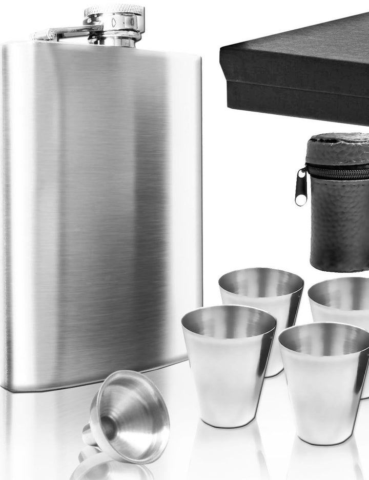 Edelstahl Flachmann Geschenk-Set, Brust-Flasche, Einfüll-Trichter, 4 Becher, Leder-Tasche, in Gesche