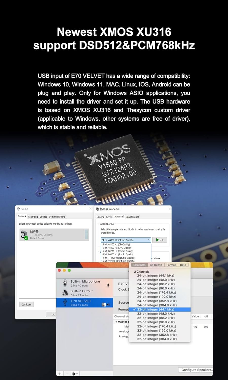 Topping E70 Velvet AK4499EX Decoder XU316 DSD512 PCM768kHz Bluetooth 5.1 LDAC 24Bit/96kHz mit Fernbe