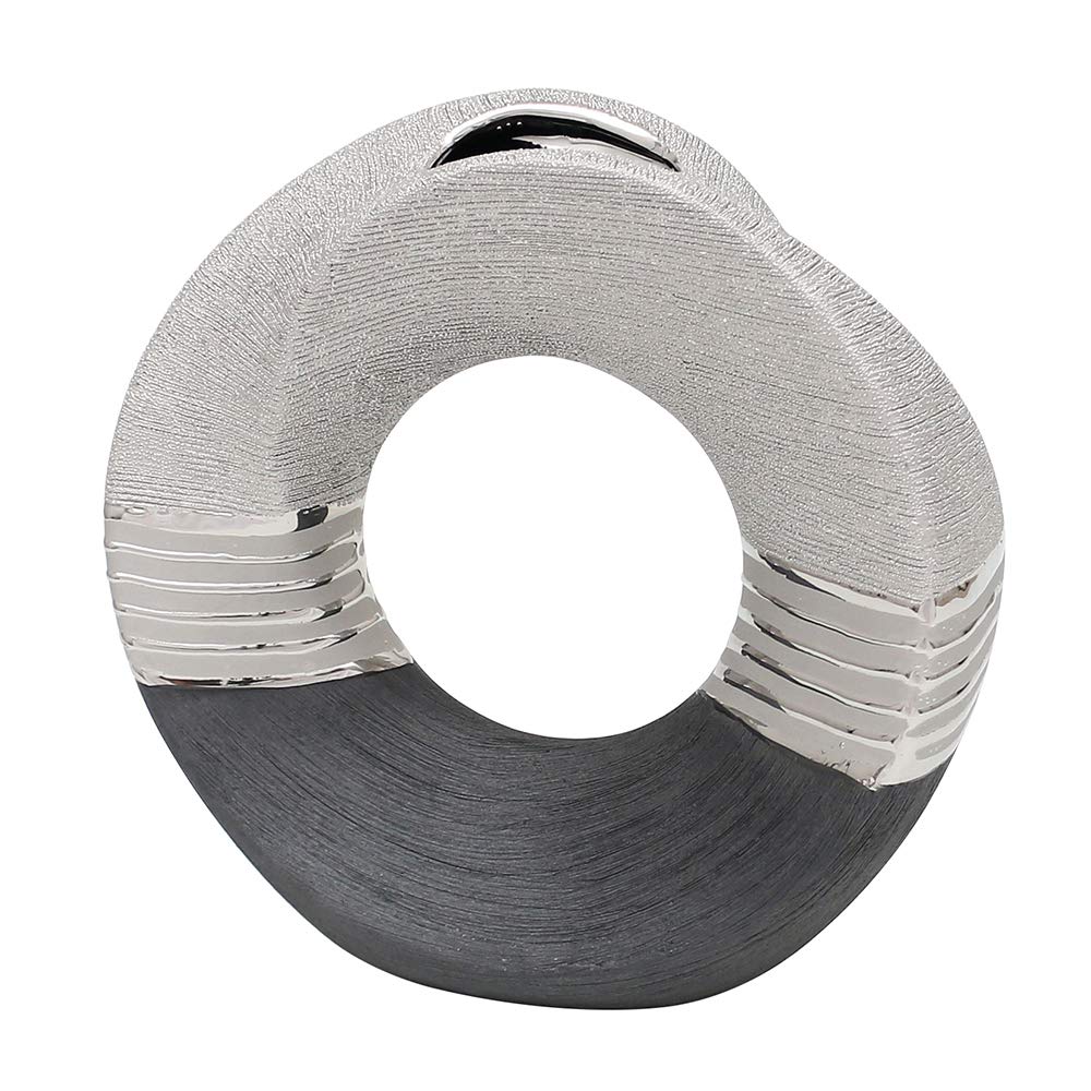 Dekohelden24 Edle Moderne Deko Designer Keramik Vase rund geschwungen mit Loch in Silber-grau, 23 cm