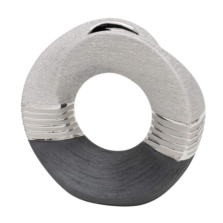 Dekohelden24 Edle Moderne Deko Designer Keramik Vase rund geschwungen mit Loch in Silber-grau, 23 cm
