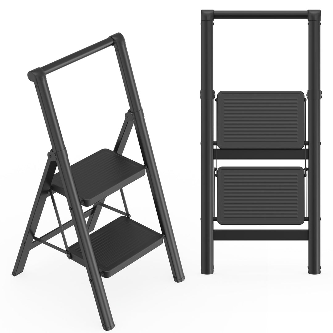 Aufun Trittleiter 2 Stufen, Klappleiter mit breitem Anti-Rutsch-Pedal, Mit Handlauf Haushaltsleiter