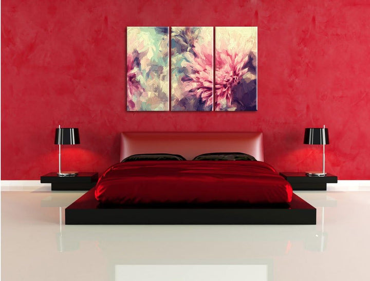Pixxprint Romantische Blumen Pinsel Effekt 3-Teiler Leinwandbild 120x80 Bild auf Leinwand